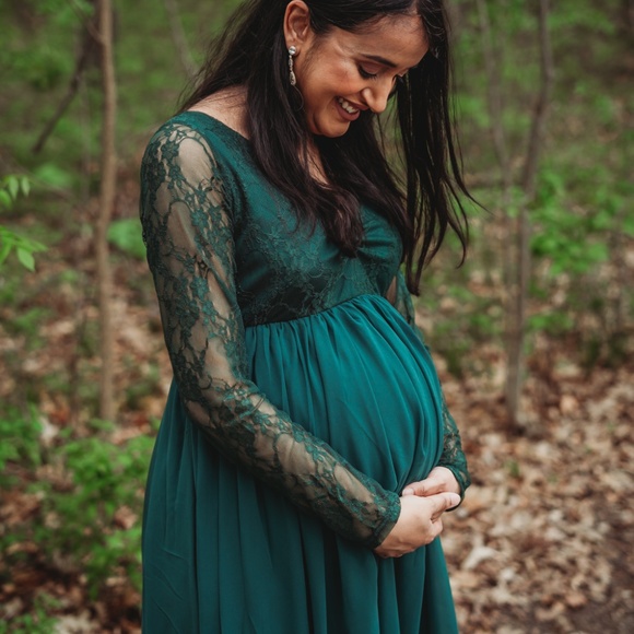 PinkBlush Teal Green Lace Mesh Overlay Maternity Maxi Dress - Picture 3 of 3